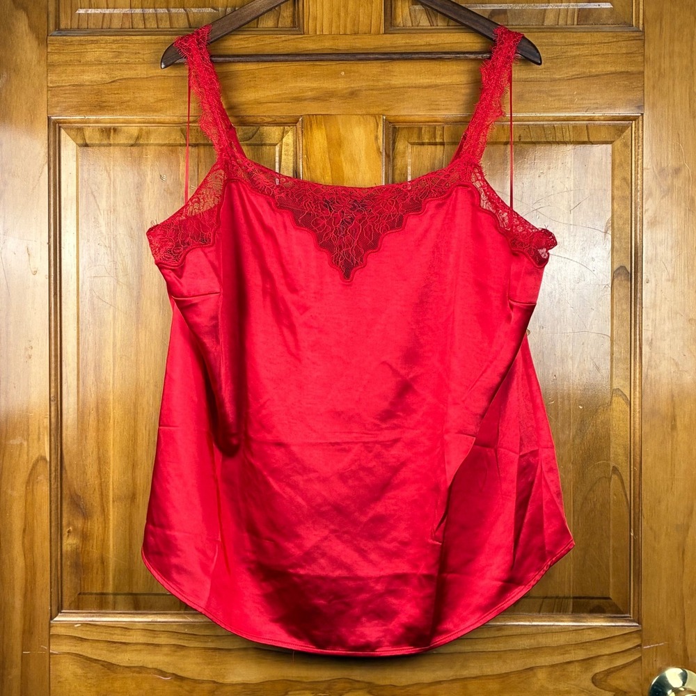 Skies Are Blue Curvy Red‎ Satin Lace Trim Camisole Tank Top 1X Coquette Silky